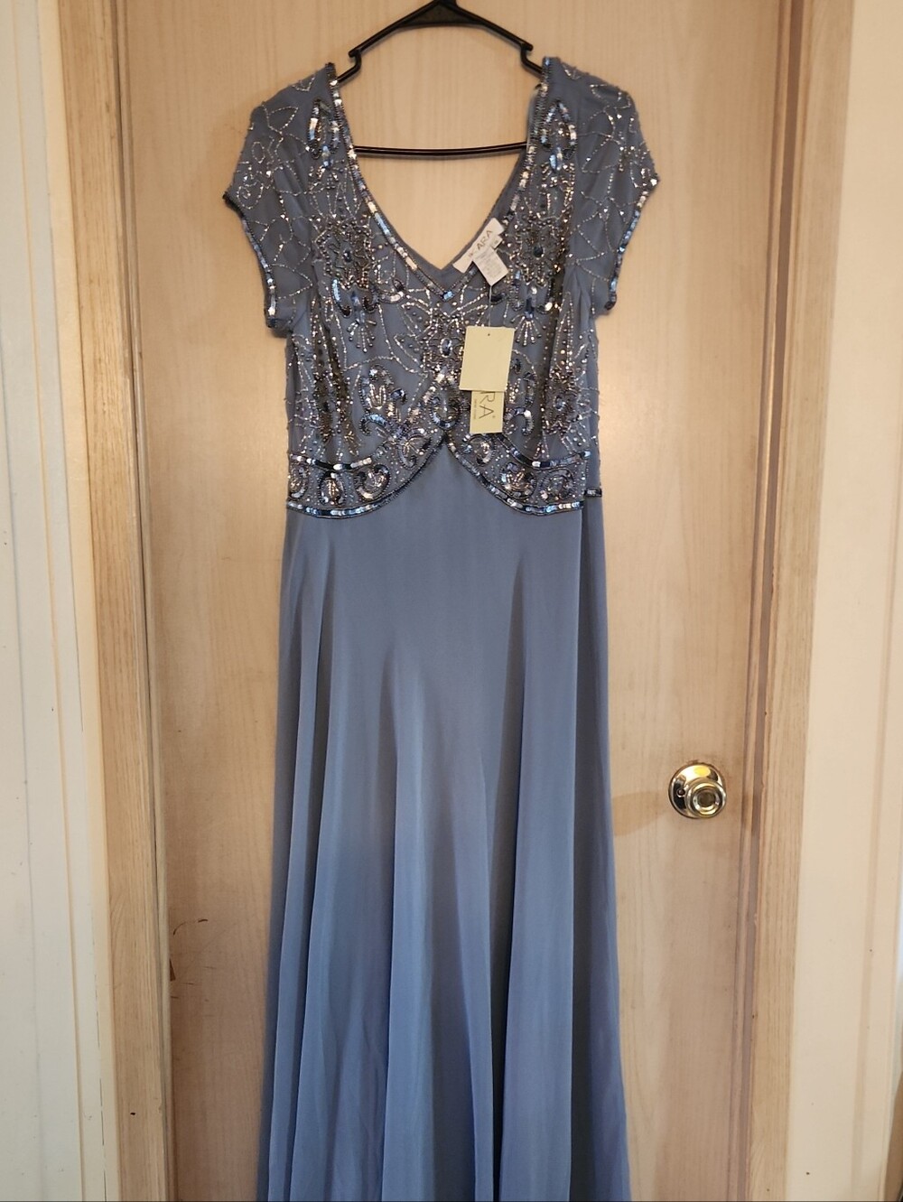 NWT J Kara Dusty Blue Beaded V-Neck Maxi Gown